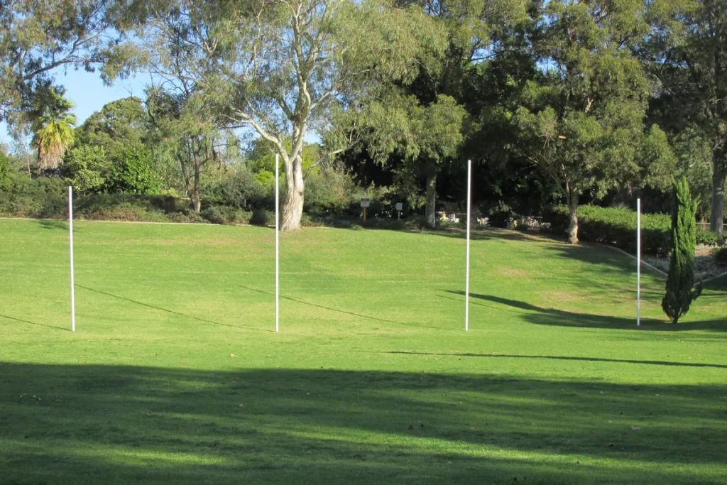 Four white Australian rules football goalposts on an empty green oval ringed by gum trees in late-afternoon sun.