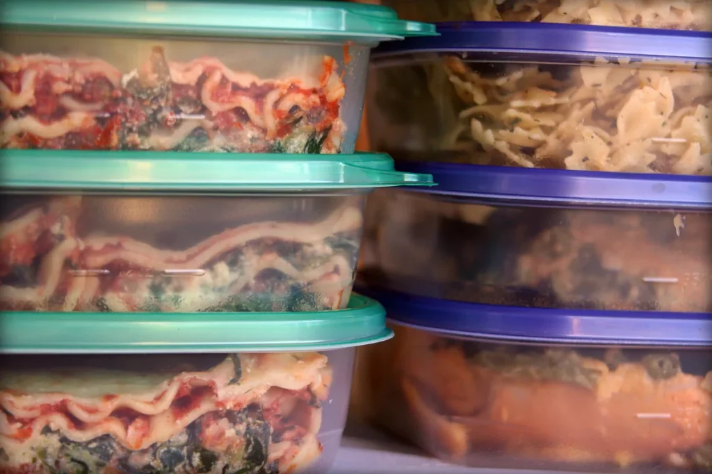 Stacked clear plastic containers with teal and purple lids, packed with lasagne and pasta.