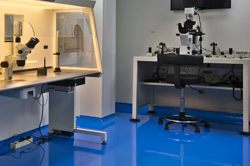 A clean IVF laboratory with a glowing laminar-flow cabinet and stereo microscope on the left, and an inverted microscope rig on a white bench with a stool on a glossy blue floor.