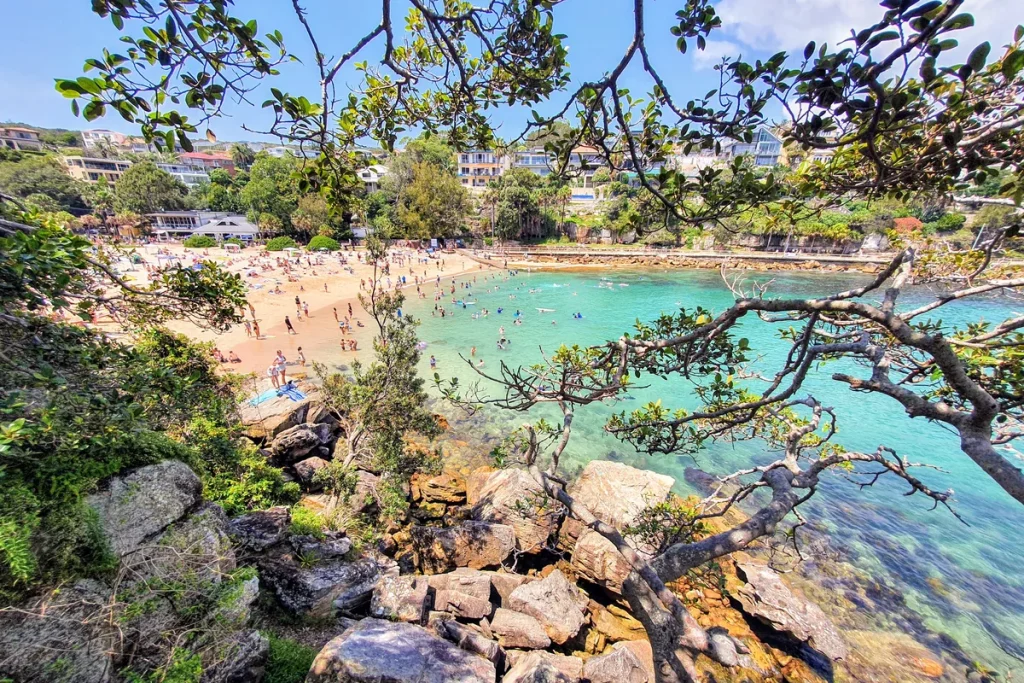 Crowded sandy cove with clear turquoise water seen through overhanging branches, sandstone boulders in the foreground and houses on the hill behind.