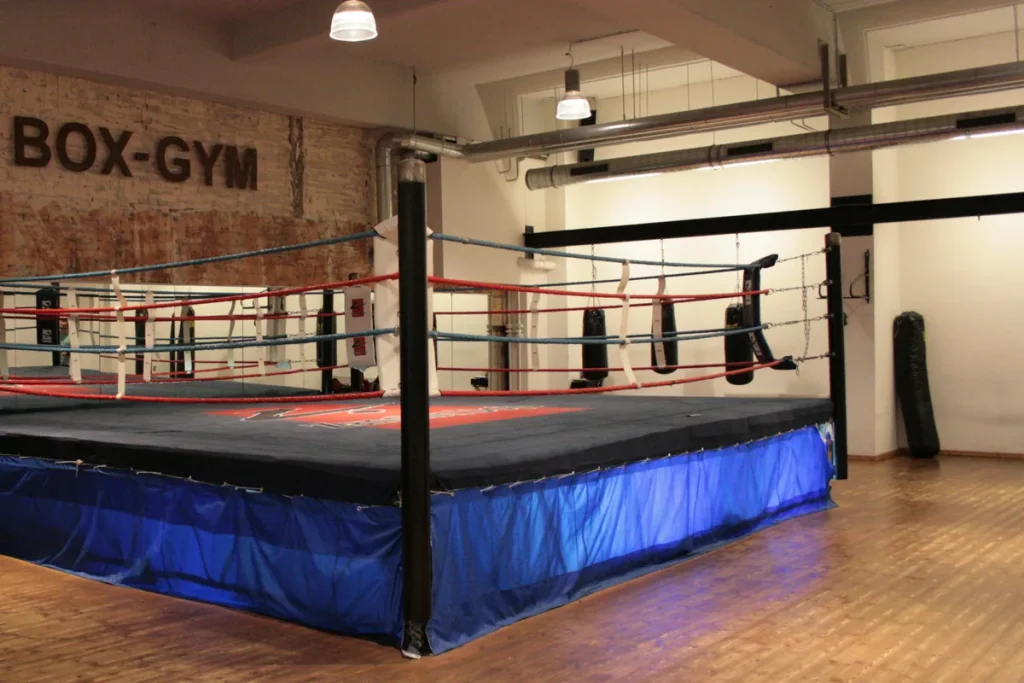 Empty boxing ring with red, white and blue ropes and a blue skirt on a timber floor in a brick-walled gym, heavy bags hanging along the back wall.