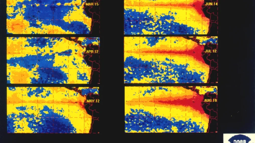 A six-panel NOAA map of Pacific sea-surface temperature anomalies from March to August 1997, during the 1997-98 El Nino, showing the warm red and orange areas expanding along the equator as the months progress. Illustrative, not the 2026 forecast.