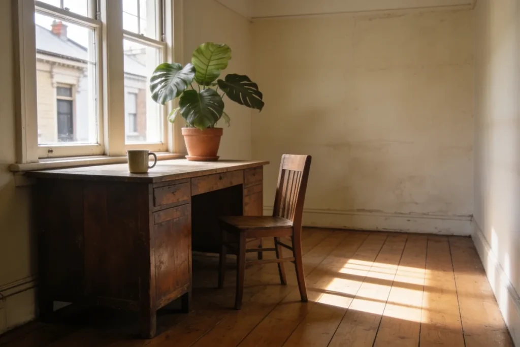 AI-generated illustration of an empty small office in a Melbourne terrace at dawn: timber desk by a sash window, a mug and a potted plant, soft light across the floorboards