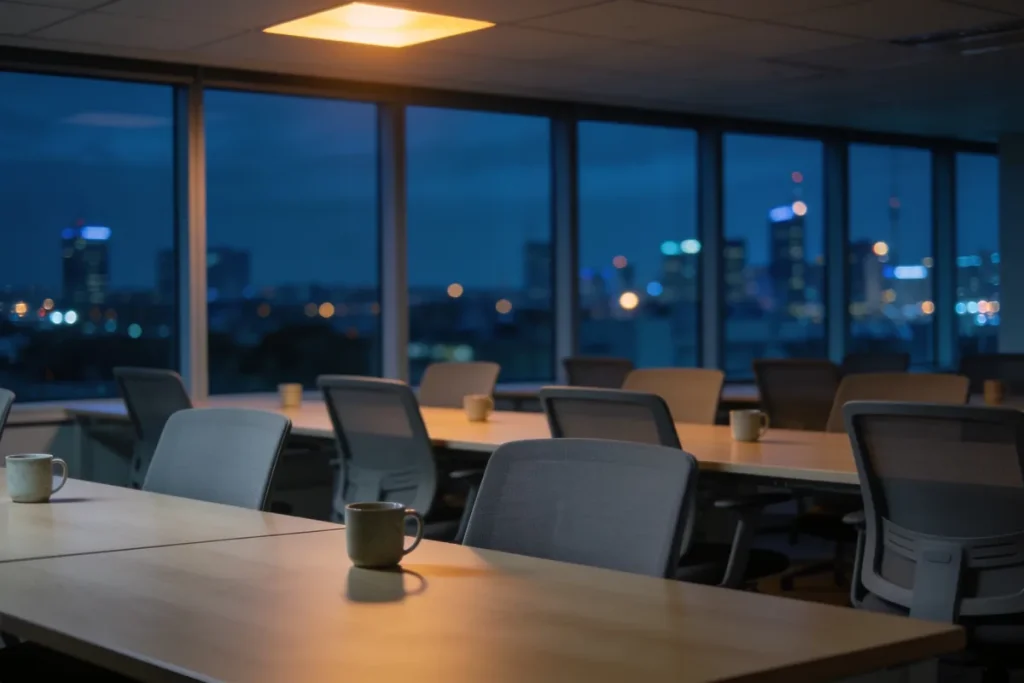 An empty open-plan office at night, with rows of pale timber desks, grey mesh chairs and a few ceramic mugs, a single warm ceiling light on, and blurred city lights through floor-to-ceiling windows.
